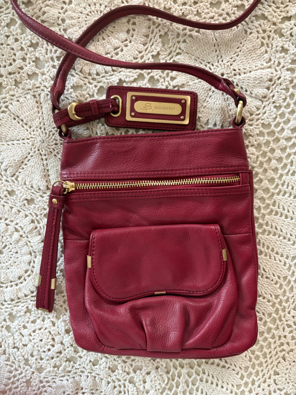 b. makowsky Red Leather Crossbody with Gold Hardware